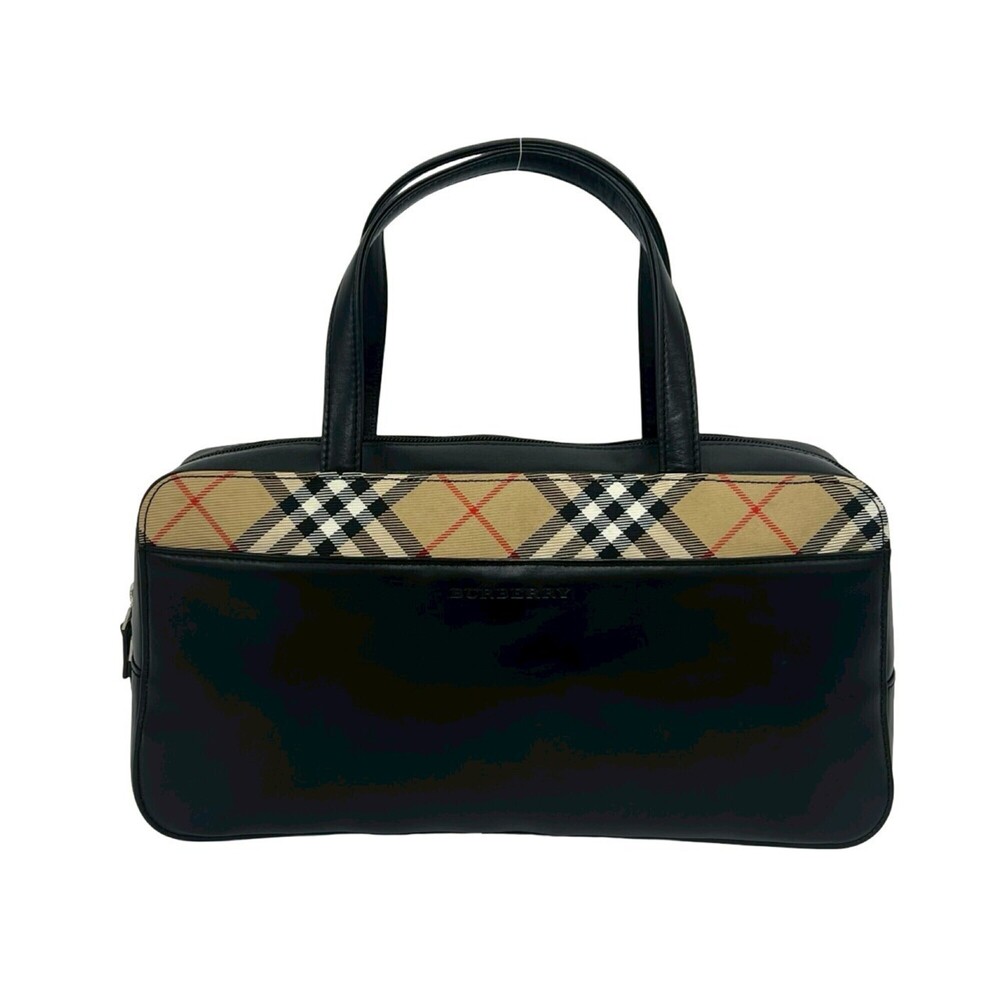 BURBERRY Nova Check Logo Engraved Leather Tote Bag, Handbag, Boston Black, 37265